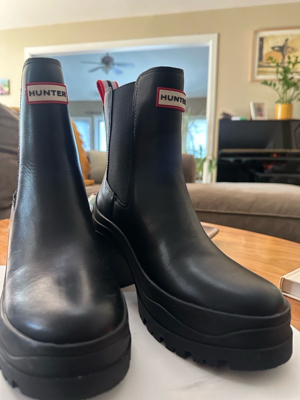 Hunter Black Platform Chelsea Boots with Red Trim